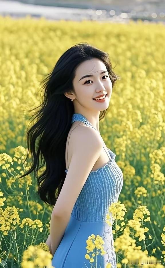 回眸一笑百媚生，
黄花丛中显风情。
青丝如瀑随风舞，
眸若秋水映繁星。