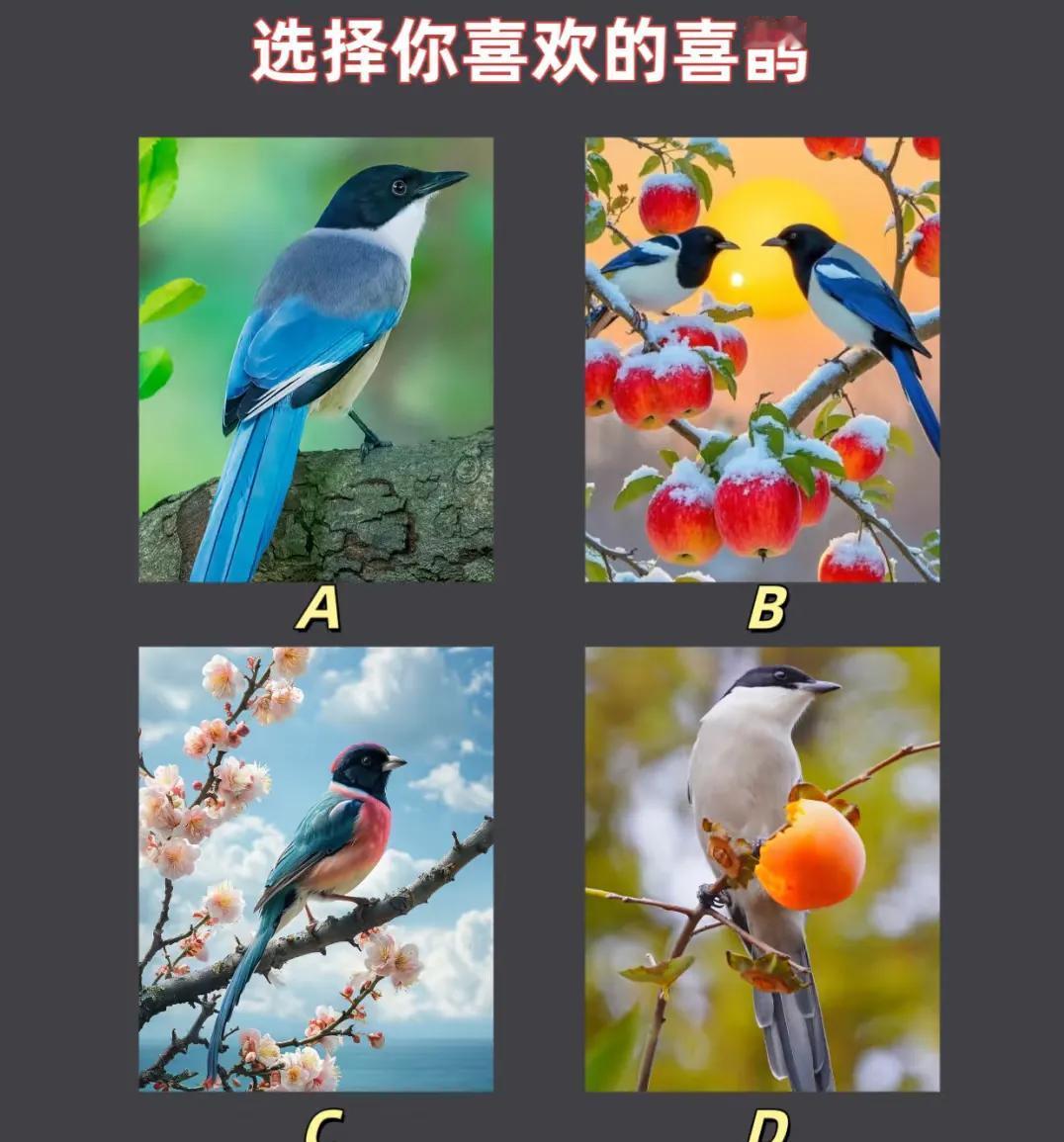 测测看👀你家最近有什么喜事来临？？
选择喜欢的喜鹊
看看有什么喜事来临
请大家
