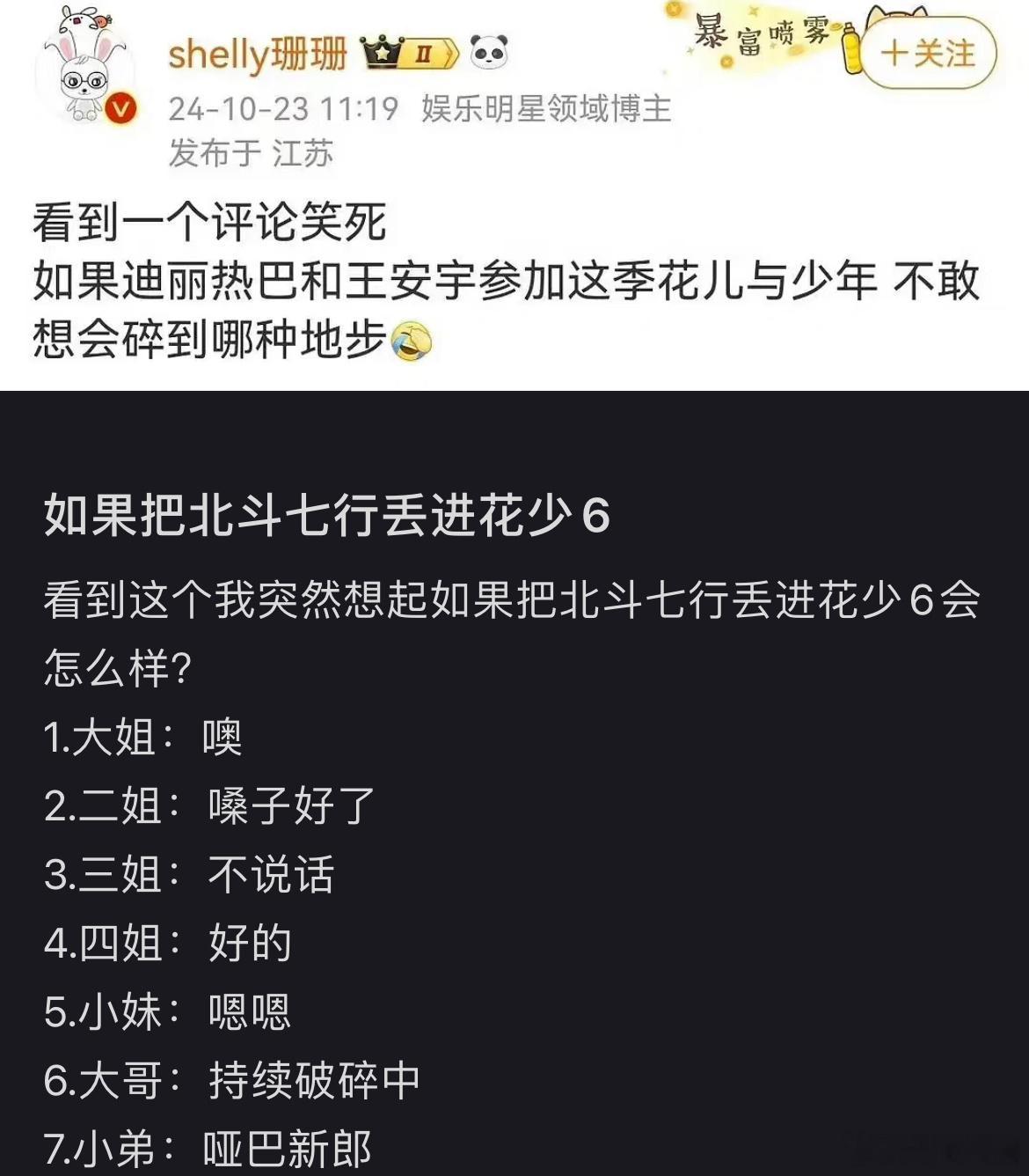 如果把北斗七行丢进花少6里，王安宇和迪丽热巴可能要用一生去治愈[doge] ​​