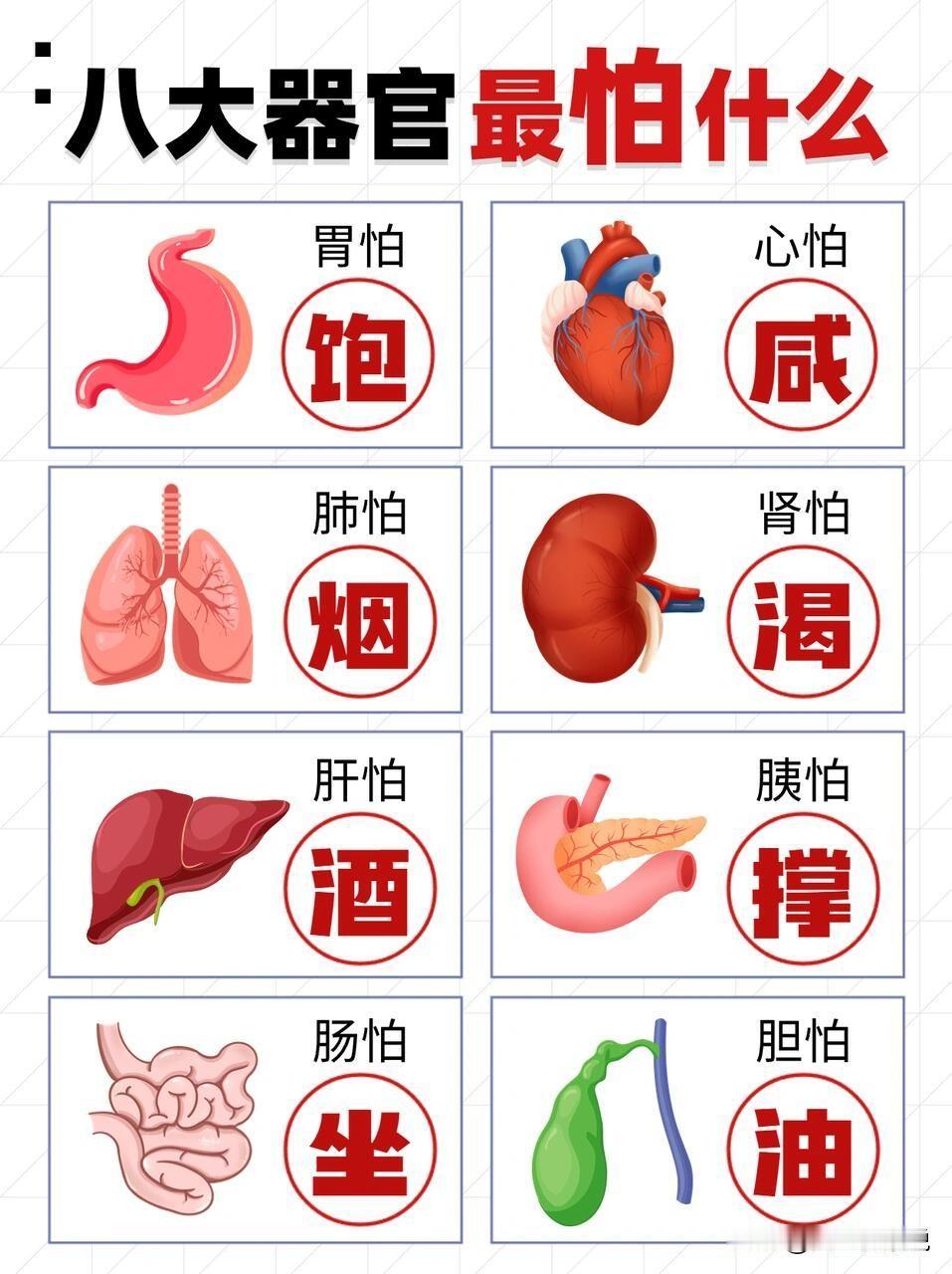 八大器官最害怕什么？一定要知道！
 
世间万物相克相生，而我们身体里面八大重要的