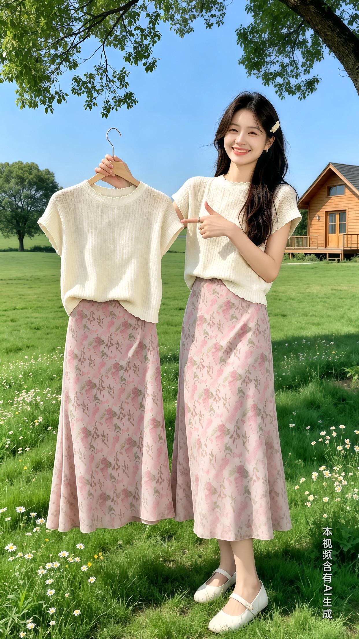 温柔粉花两件套，日常通勤踏青都很适配～上衣是花边圆领小飞袖设计，柔和修...