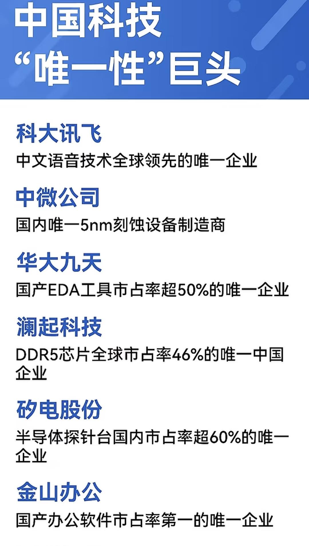 中国在多个前沿科技领域具有“唯一性”地位的领军企业。这些企业覆盖了从半导体设备、
