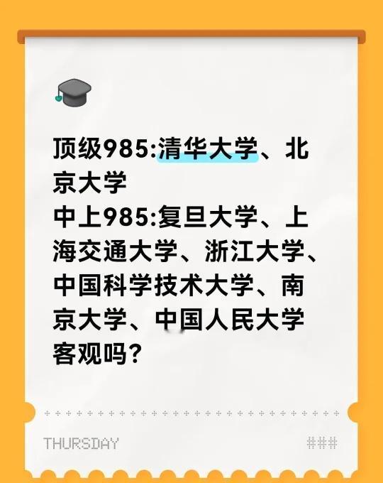 顶级985:清华大学、北京大学
中上985:复旦大学、上海交通大学、浙江大学、中