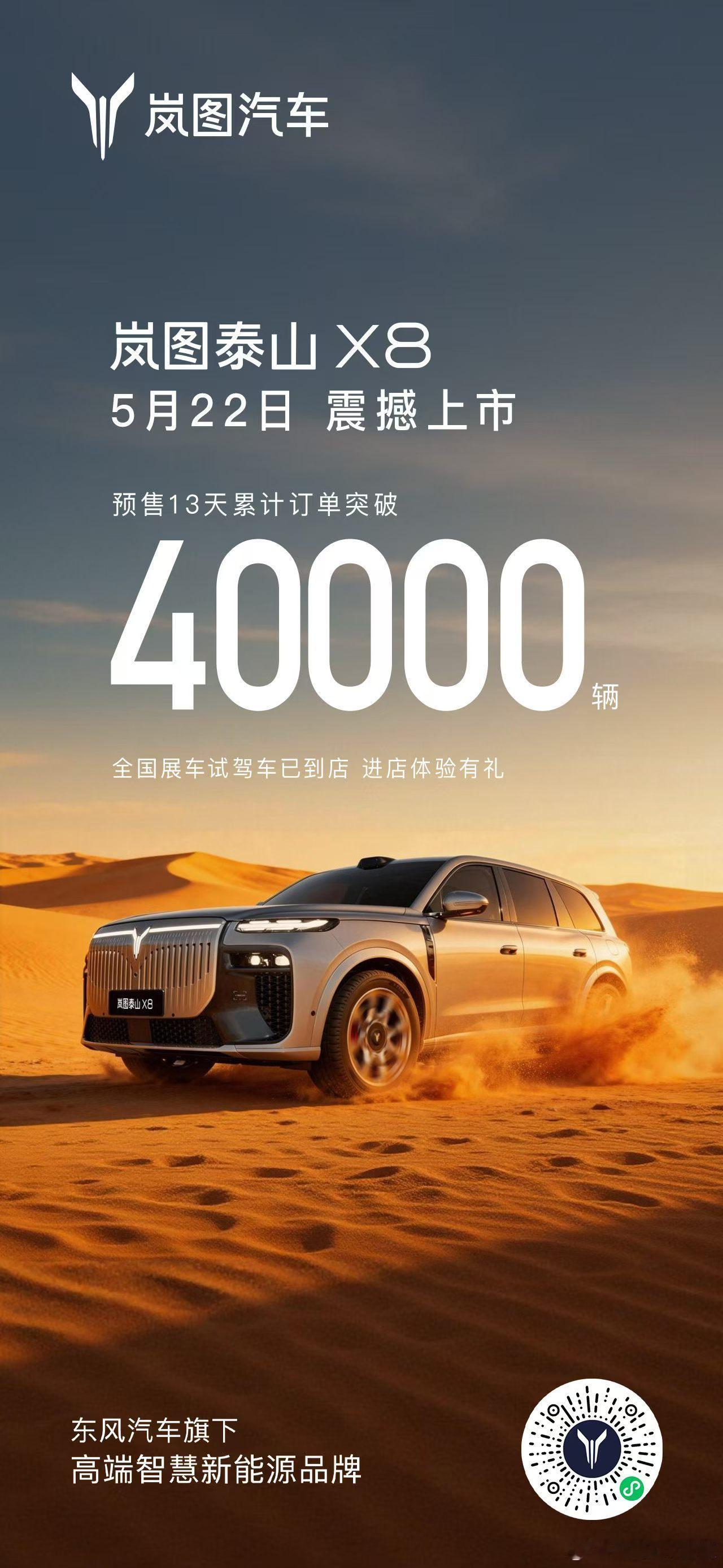 五一期间订单不断增长，预售13天以来已经突破4万了，5月22日五座新王岚图泰山X
