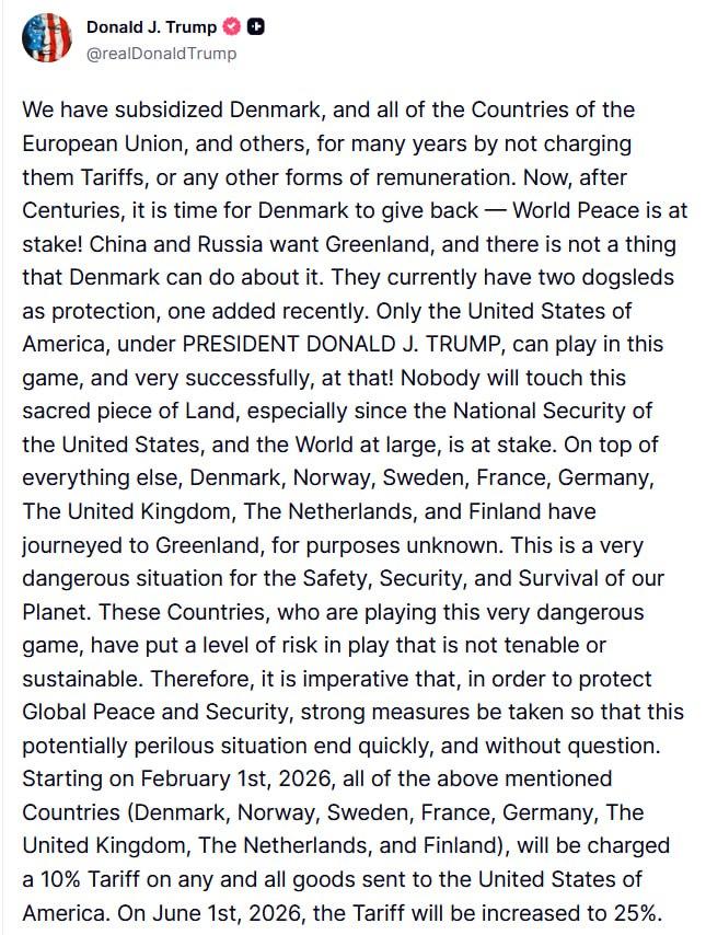 🚨 特朗普因格陵兰岛问题对八个国家加征关税

特朗普补充说，关税将持续实施，直
