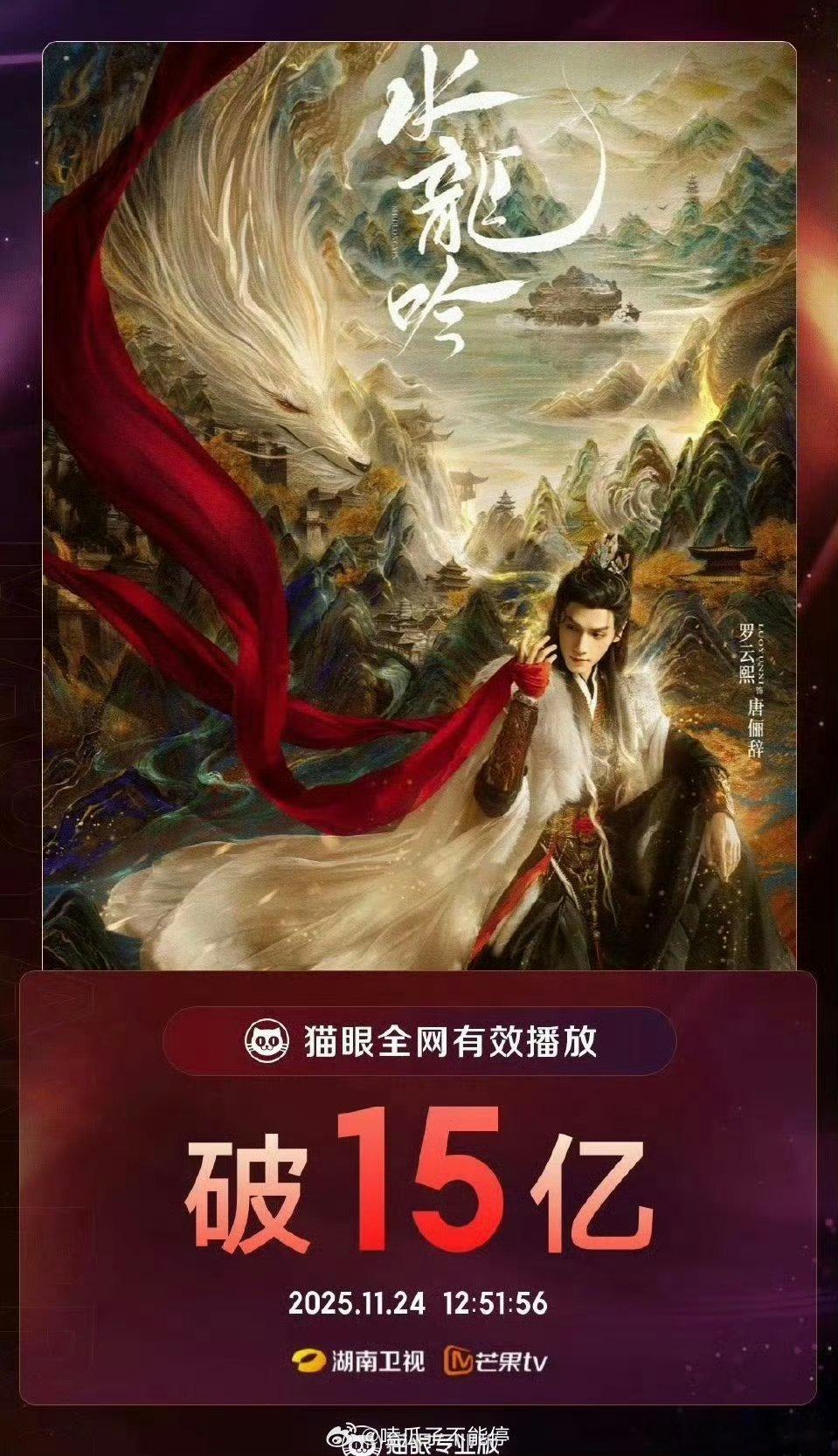 罗云熙水龙吟全网有效播放量破15亿！ 恭喜罗云熙实绩拿到