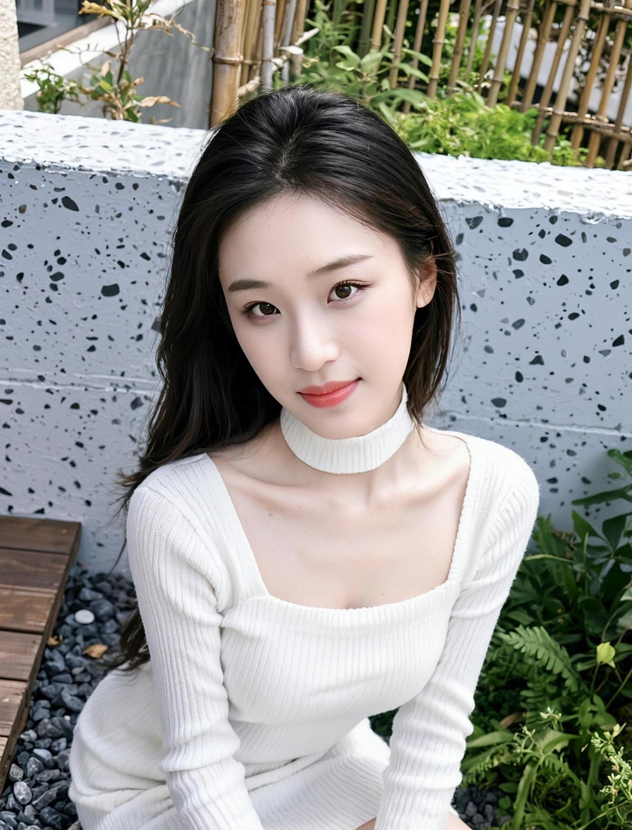 在柔软的白色针织衫下，是不经意流露的温柔与优雅。阳光透过发丝，洒在肩头，仿佛时间