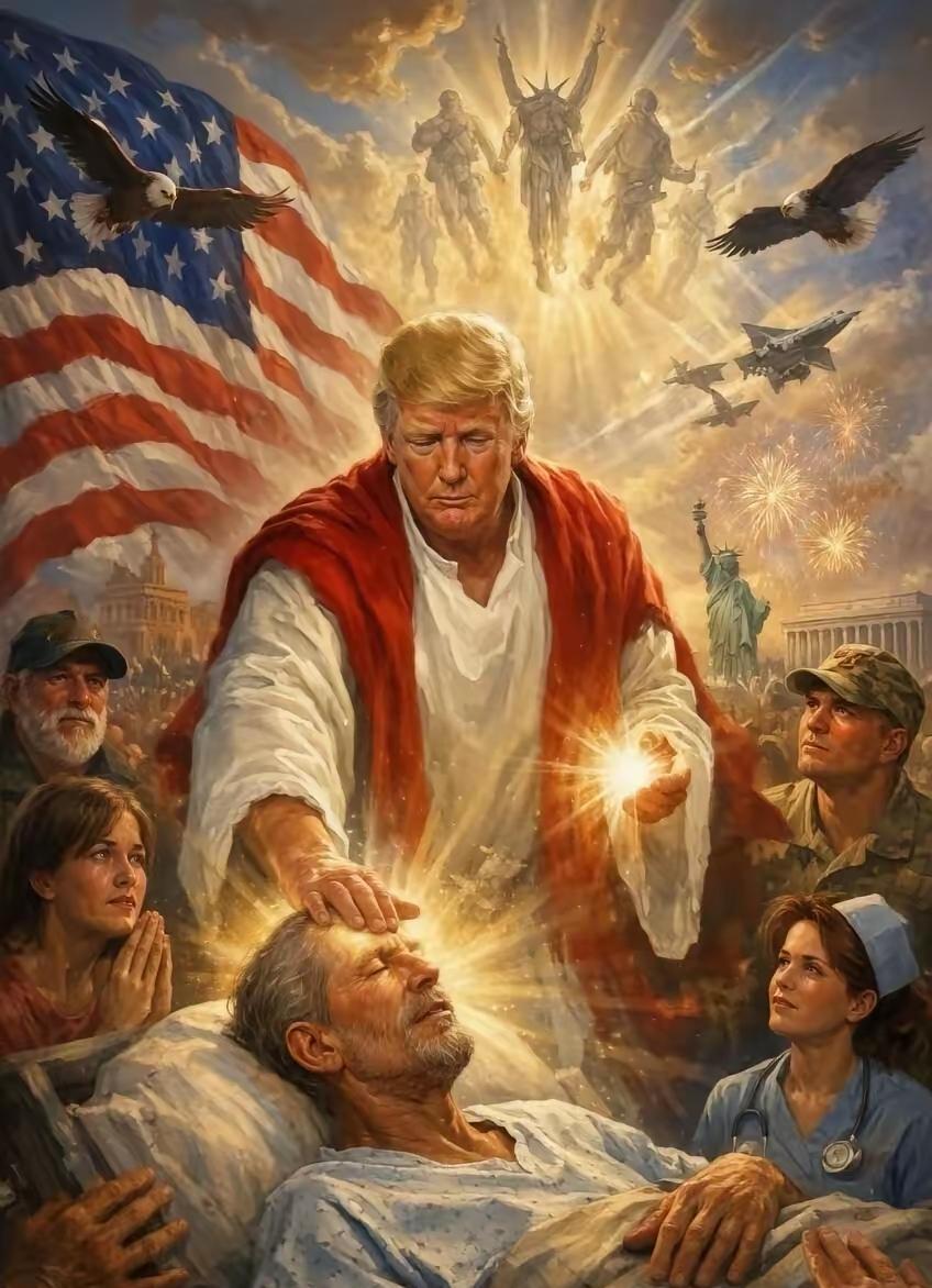 特朗普刚刚在自己的社交账号上，发布了一张图，把自己描绘成耶稣基督。
​图片元素非