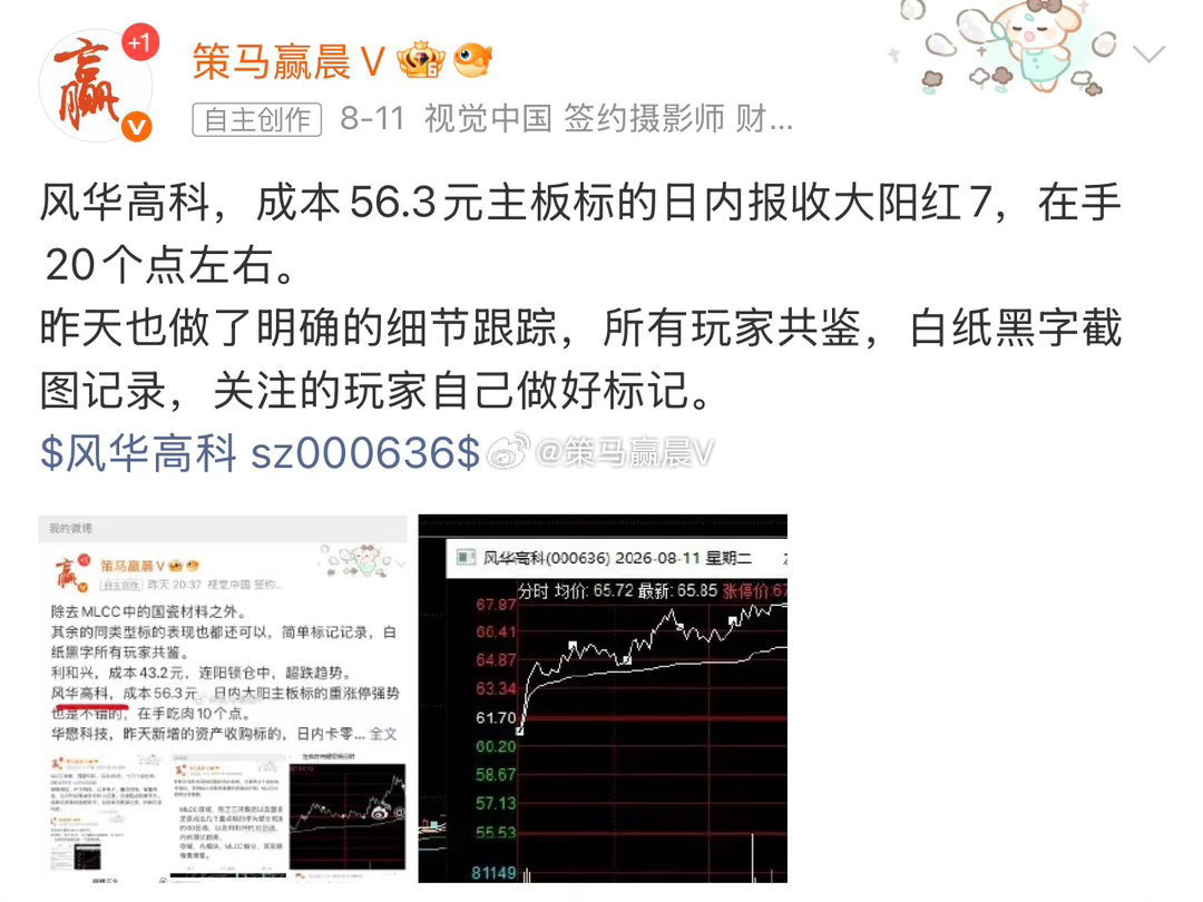 风华高科，成本56.3元，落袋止盈即可，10个点落袋，白纸黑字跟踪记录，后续不在