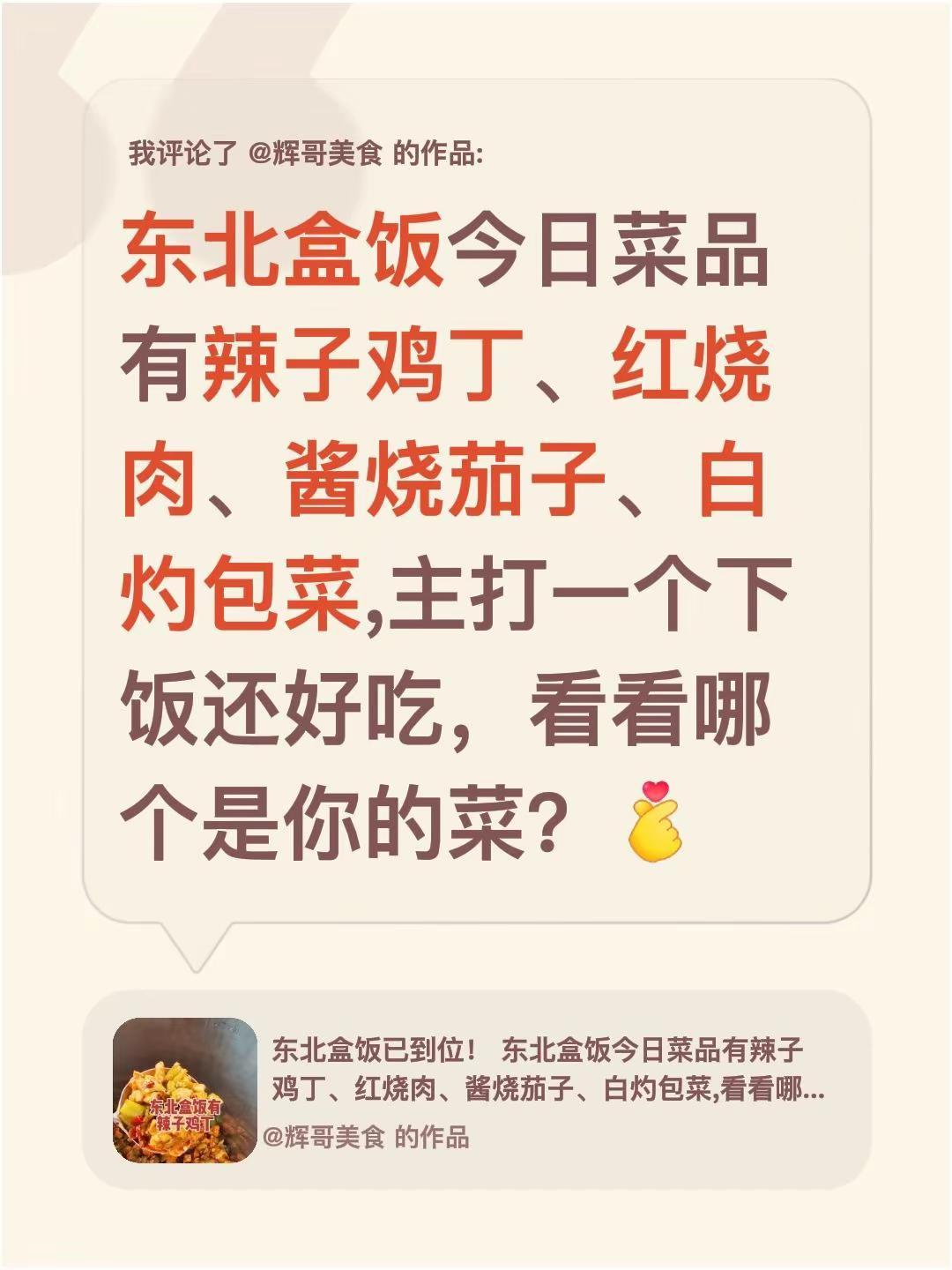 我评论了@辉哥美食 的作品：东北盒饭今日菜品有辣子鸡丁、红烧肉、酱烧茄子、白灼包