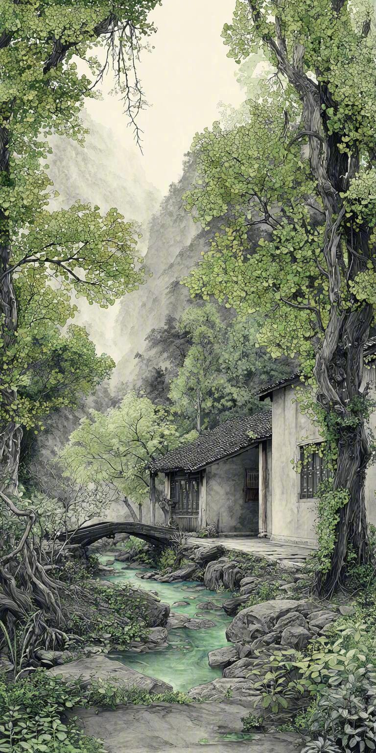 古杏山居的翠意闲情🌿，中式山水的 “藏” 与 “露”，全在这一帧里。 