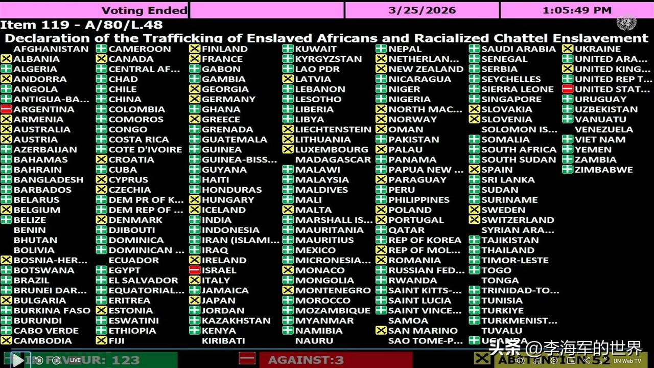 也就是说这三个国家认为奴隶制，不是严重反人类罪。

欧洲国家虽然没有投反对票，但