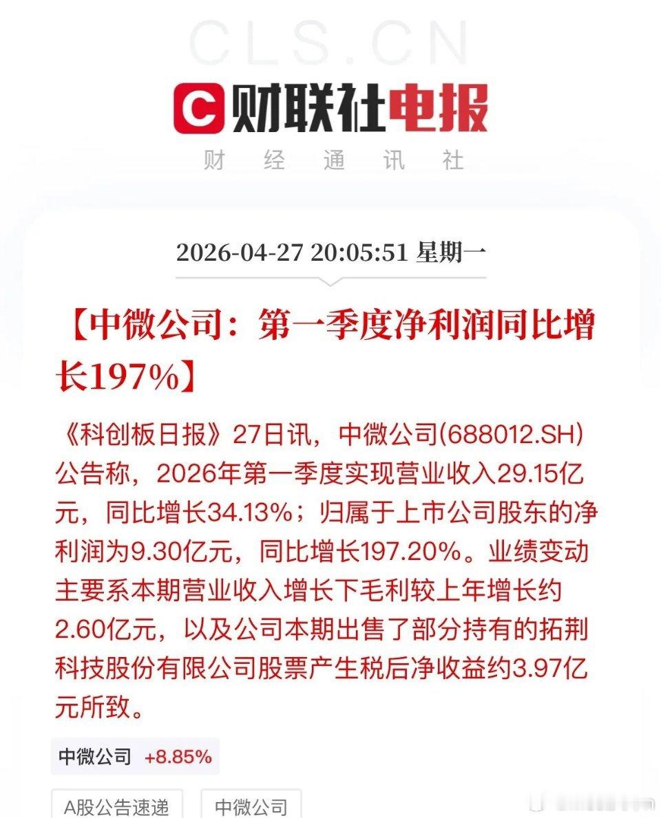 还是炒股更赚钱！半导体概念股中微公司一季度利润翻2倍，营收增长34%，净利润的暴