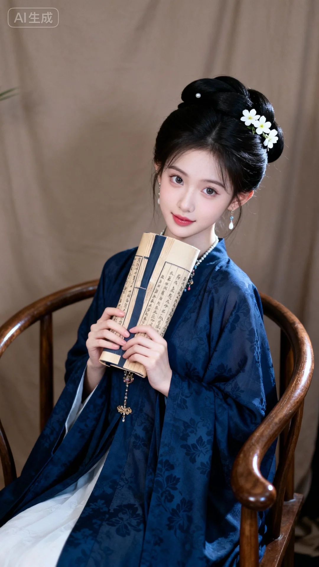 真实摄影，古典书香氛围，黑色盘发（插白色小花），深蓝色暗纹长袍，坐在木质圈椅上