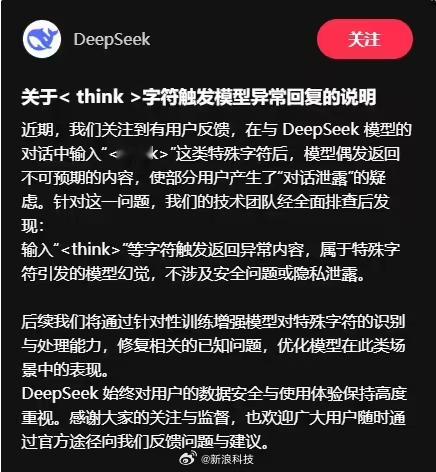 【DeepSeek回应特殊字符引发幻觉：系特殊字符引发幻觉，不涉及安全问题或隐私