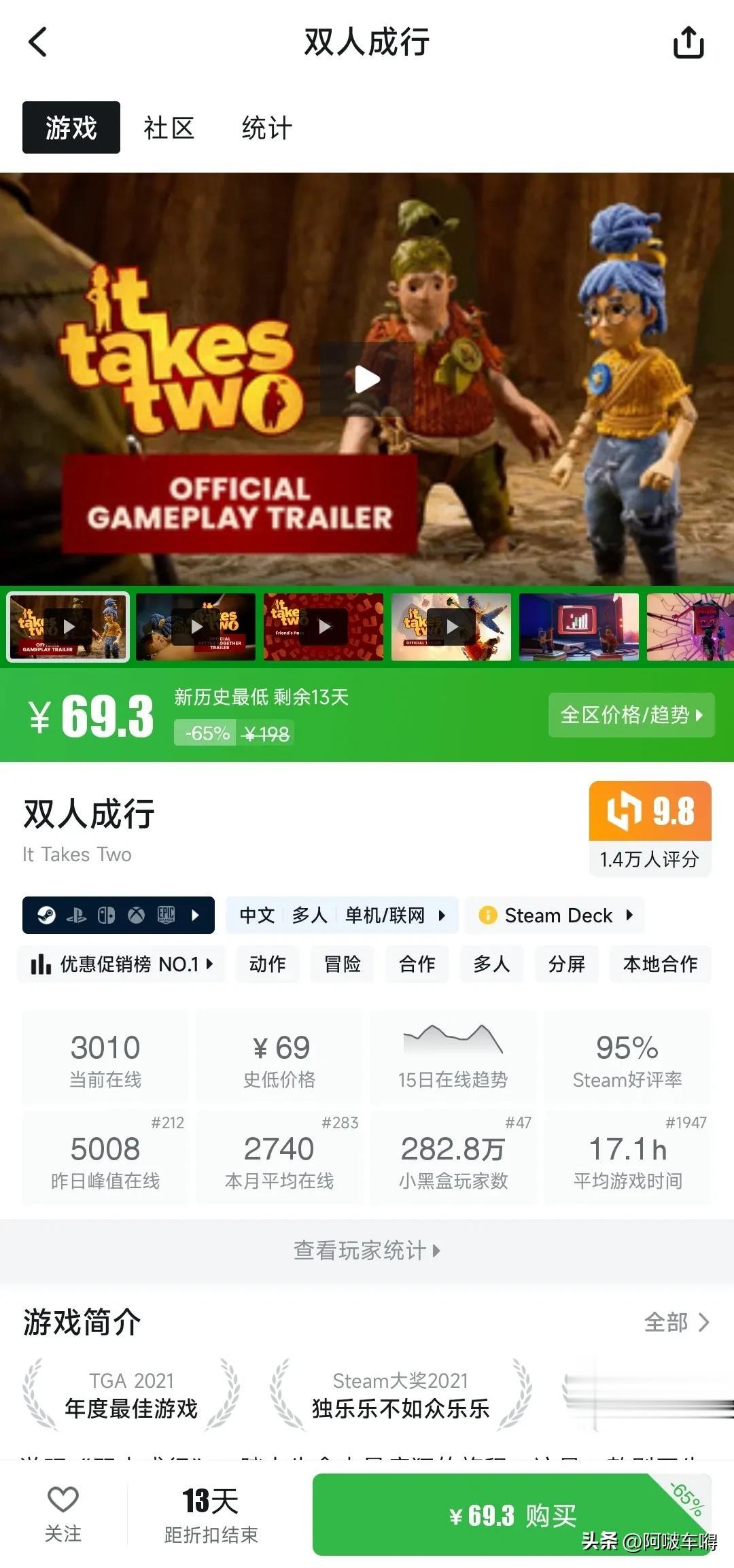 双人成行steam史低69了，我80多在e宝买的[流泪]
