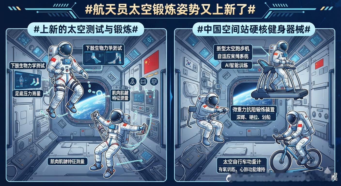 航天员太空锻炼姿势又上新了 中国航天员在太空的健身秘籍再次升级！根据中国载人航天