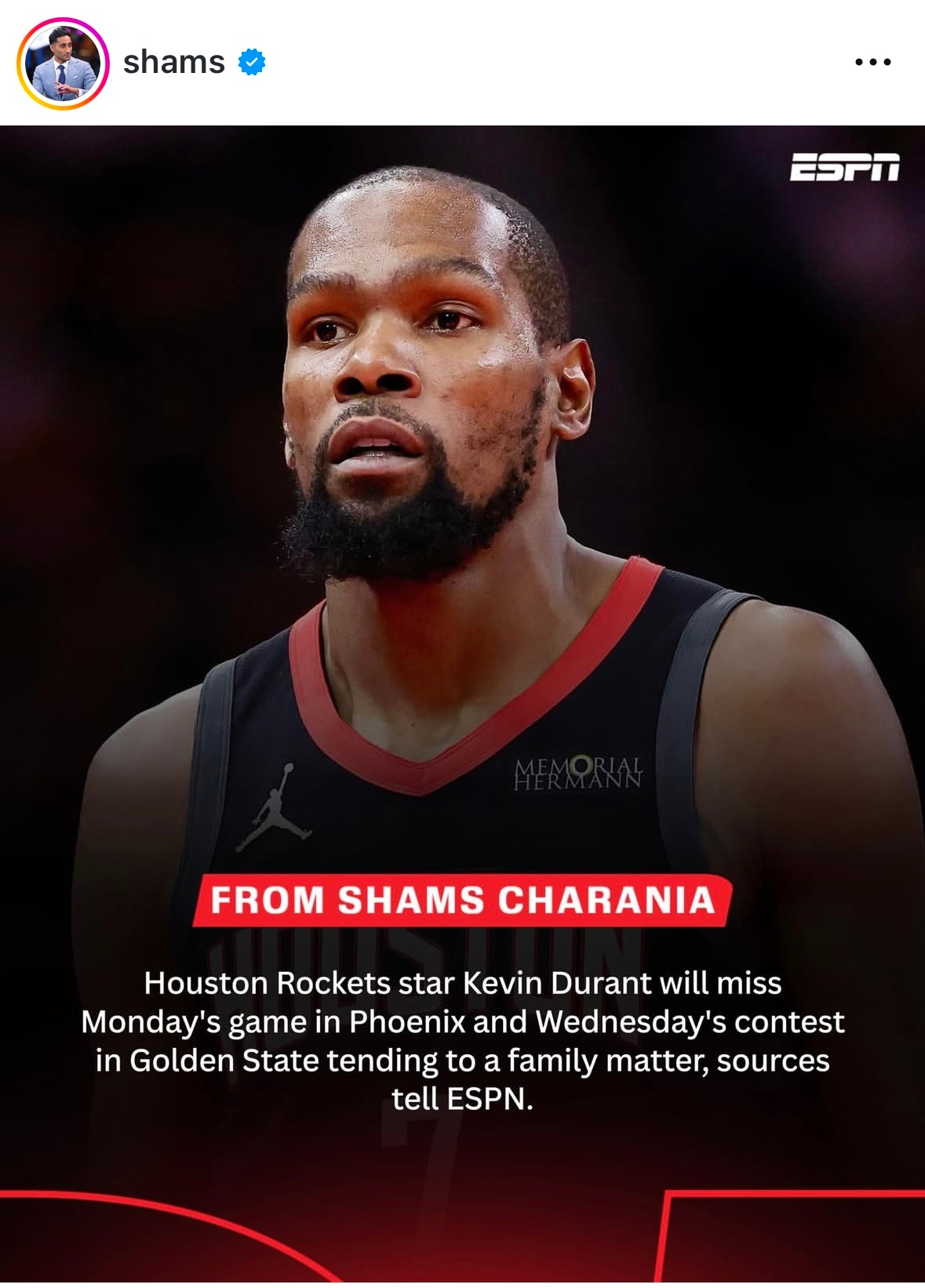 Shams：杜兰特因处理家庭事务，将缺席接下来两场比赛。Shams：戈登右腿腿筋