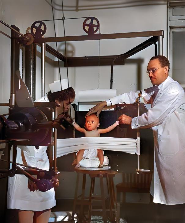 1923年，美国。一名1岁多的黑人小男孩，被两名医生固定在椅子上。男医生按着他的