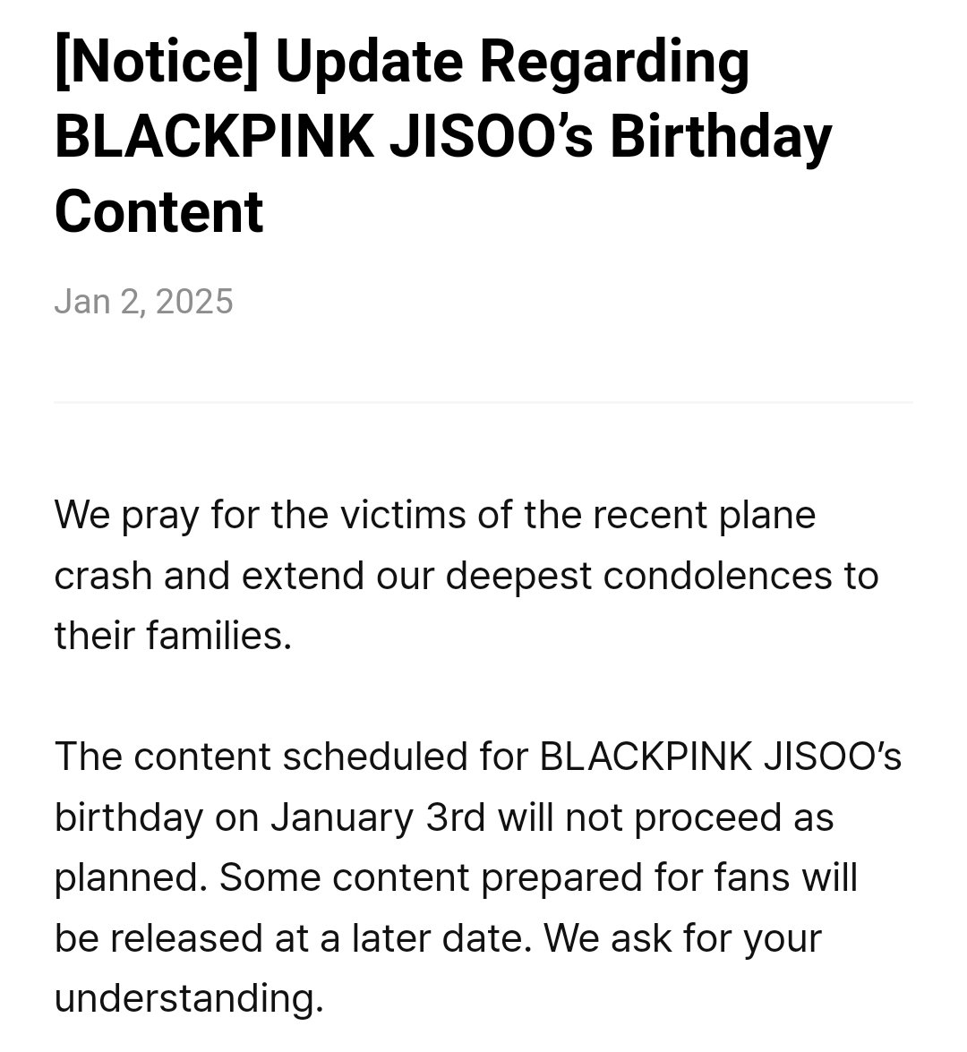 BP Weverse 更新“我们为最近空难的受害者祈祷，并向他们的家人致以最深切