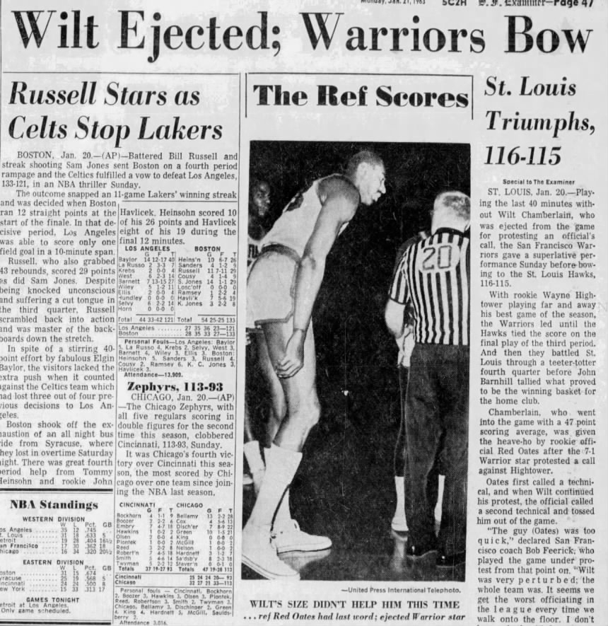 张伯伦被驱逐那天的报纸封面要不是主裁判把他罚下去，他将连续219场20+nba