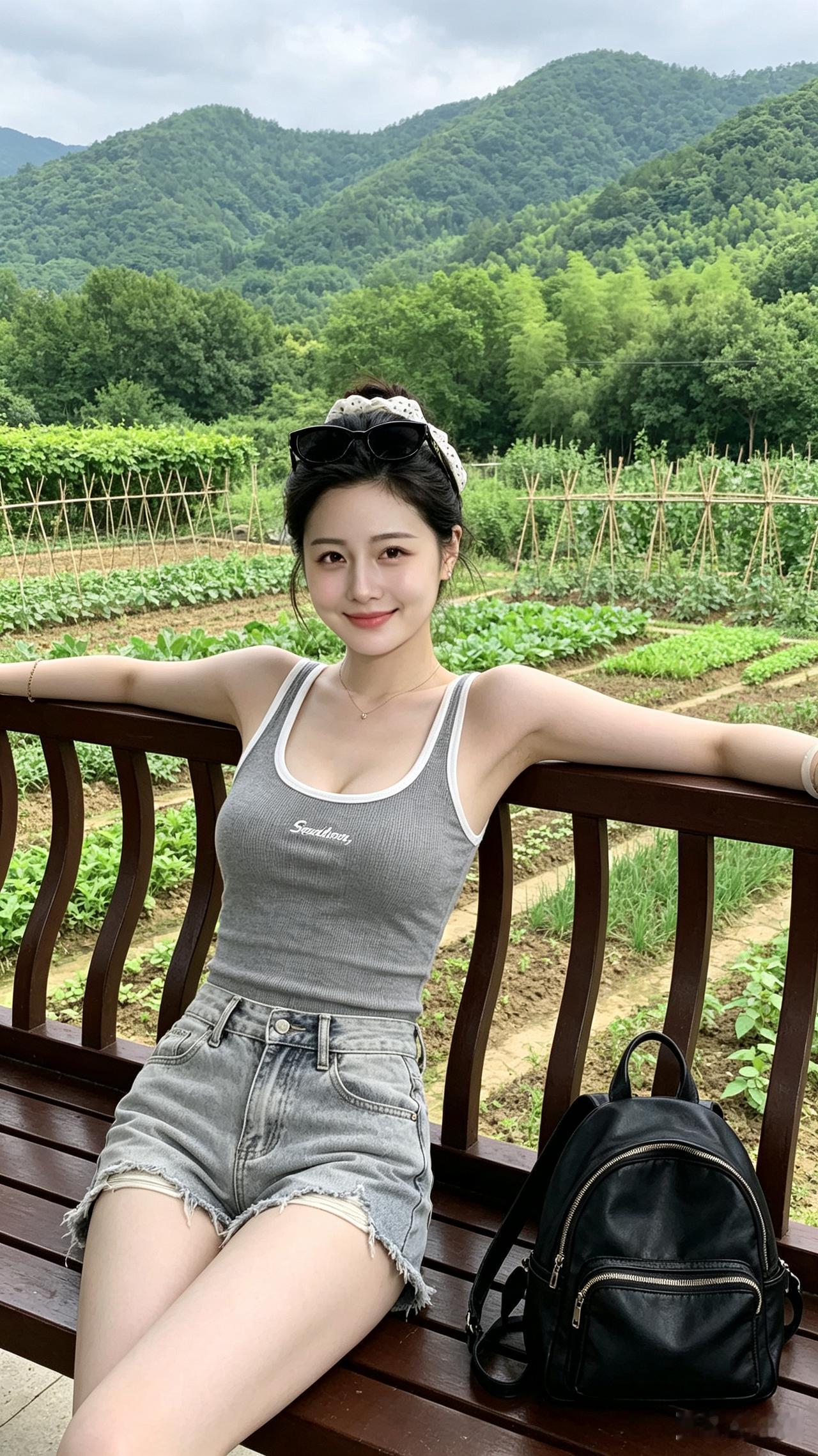 阳光明媚，坐在长椅上享受美好时光。