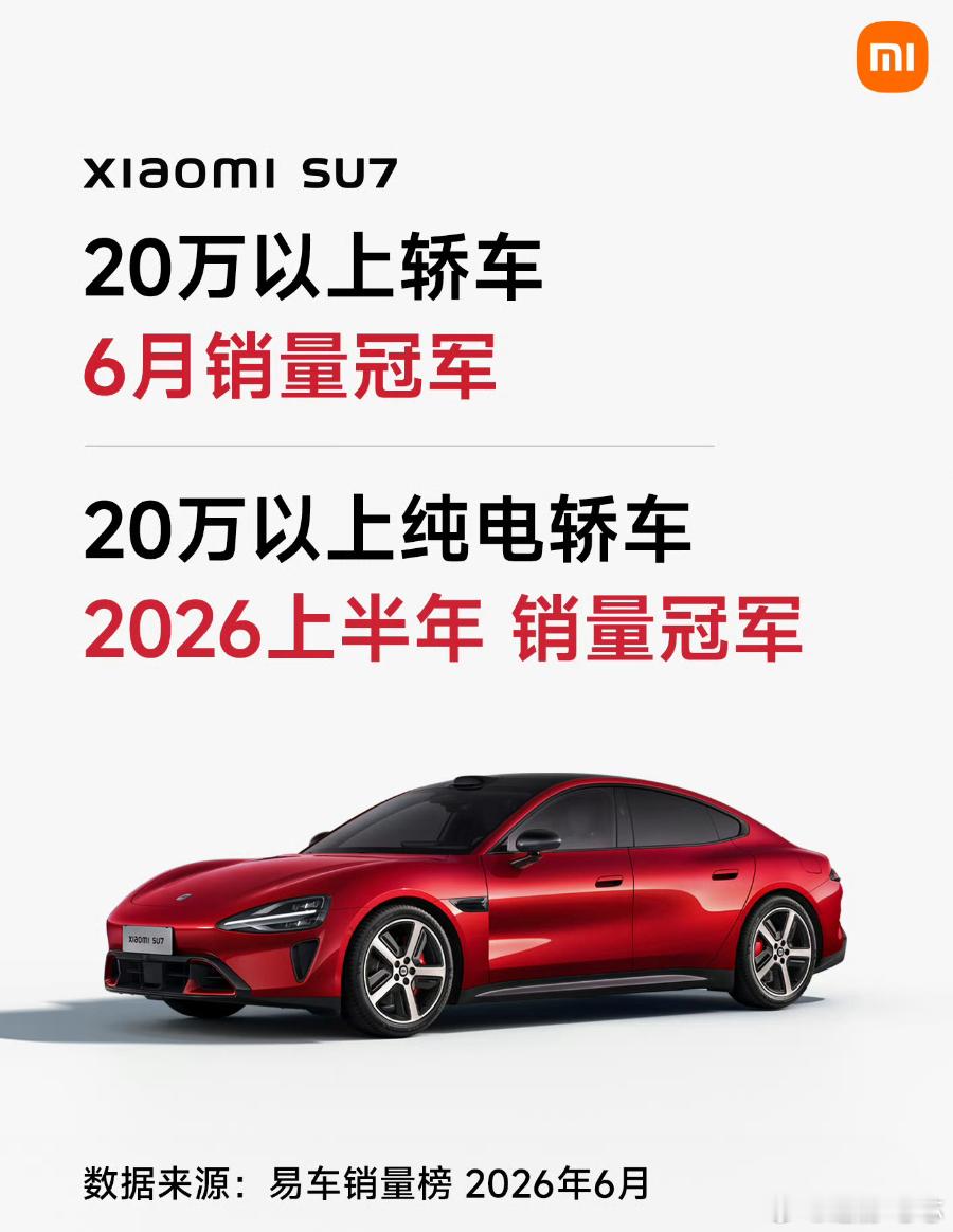 小米SU7成20万以上轿车6月销量第一 小米SU7这销量确实有点东西。纯电打败纯