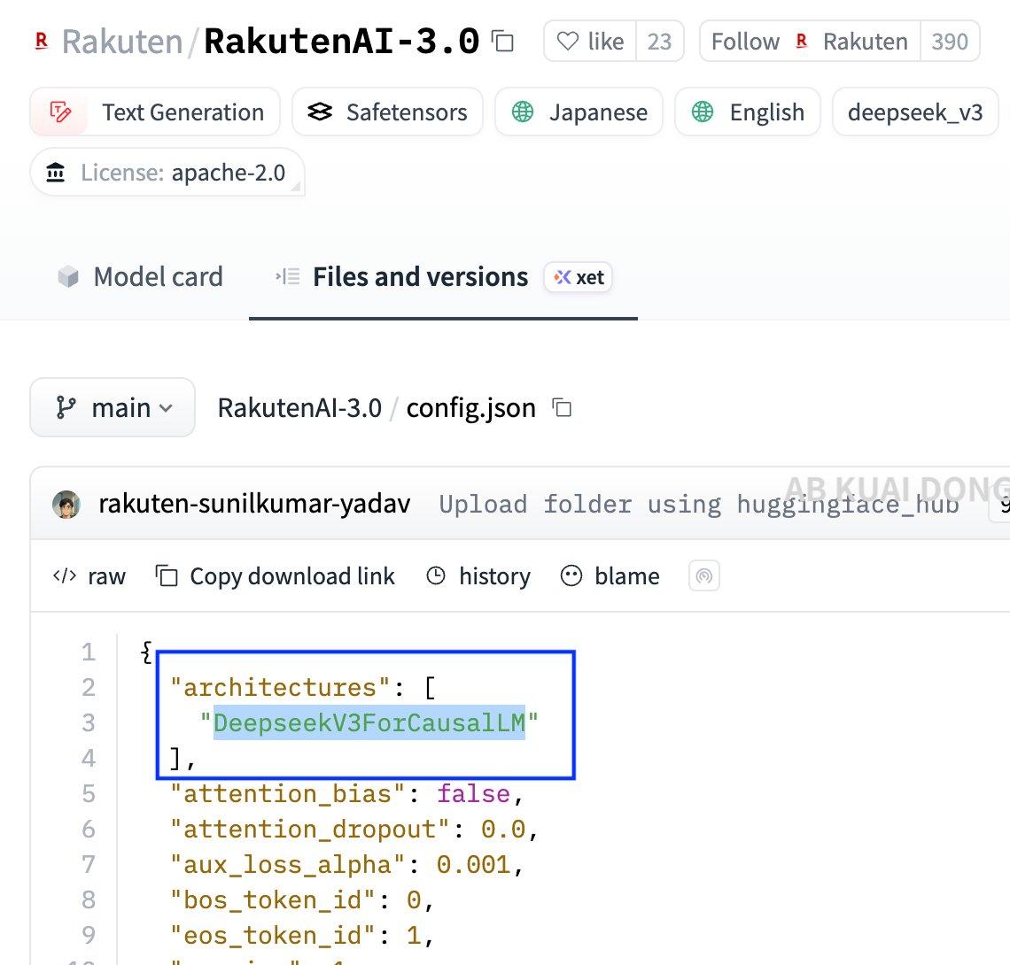 宣称是日本最大高性能人工智能模型，乐天 AI 3.0。

被社区扒出，是基于中国