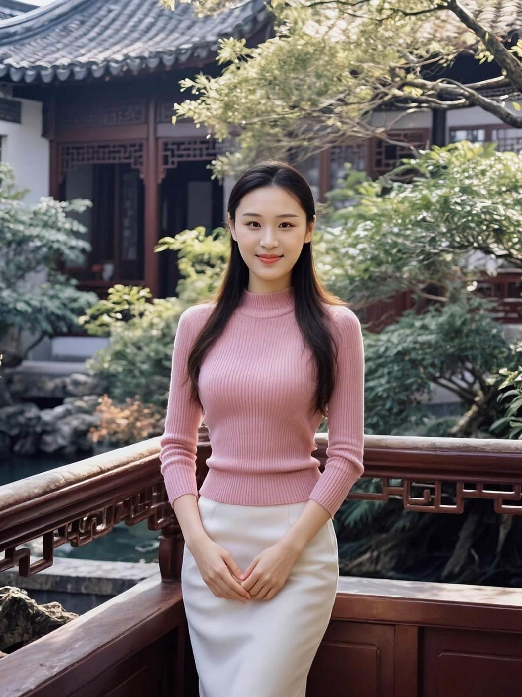 庭院深处，青瓦白墙间藏着一缕不争的温柔。她立于回廊，风拂过发梢，仿佛时光也放慢了