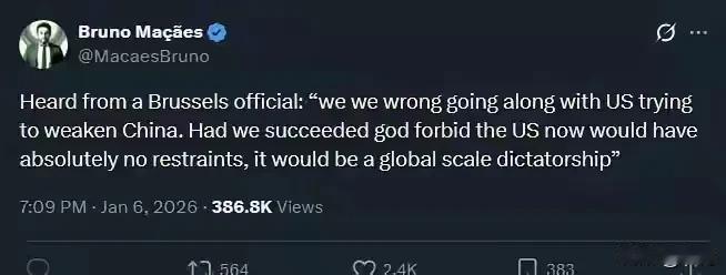 欧洲官员：如果我们支持美国削弱中国成功了，美国将是一个全球范围的独裁政权。欧洲一