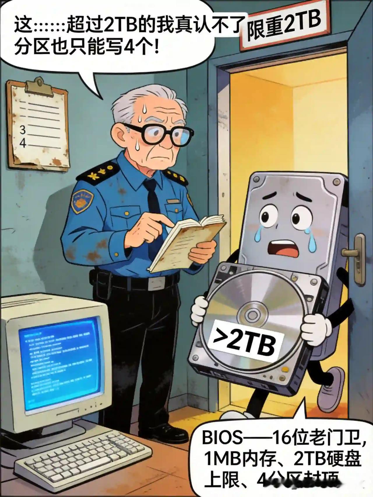 一分钟了解 BIOS和 UEFI 启动方式核心区别：
👴 BIOS = 16位