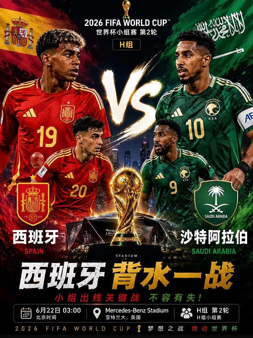周日037：世界杯   西班牙VS沙特2026.6.22      00：00西