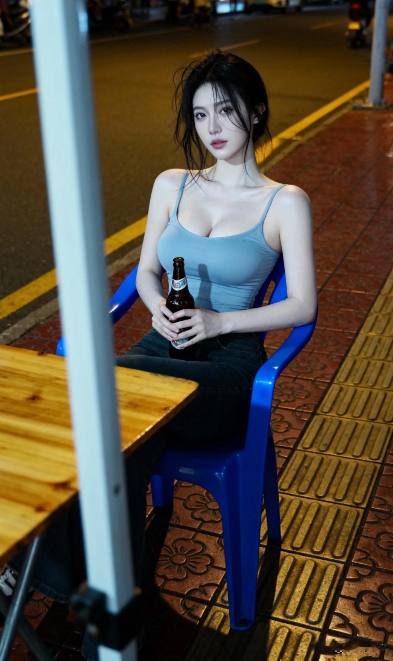 秋夜街边的晚风裹着烟火气，她蜷在塑料椅里，吊带衫浸着薄汗，指尖攥着冰啤酒的凉。发