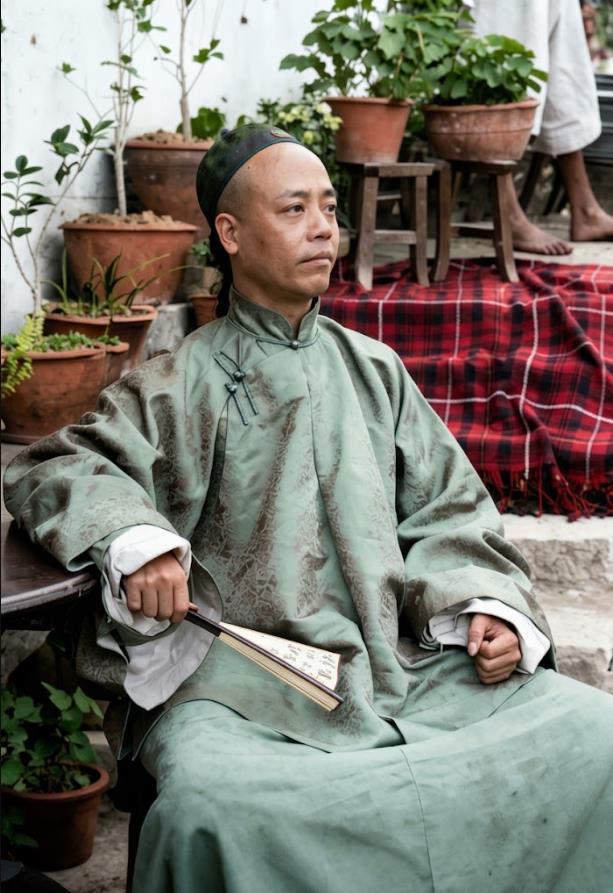 清末，福建，庭院盆景区，一位中年男子独坐。他戴瓜皮小帽，身着长衫，材质显考究，手