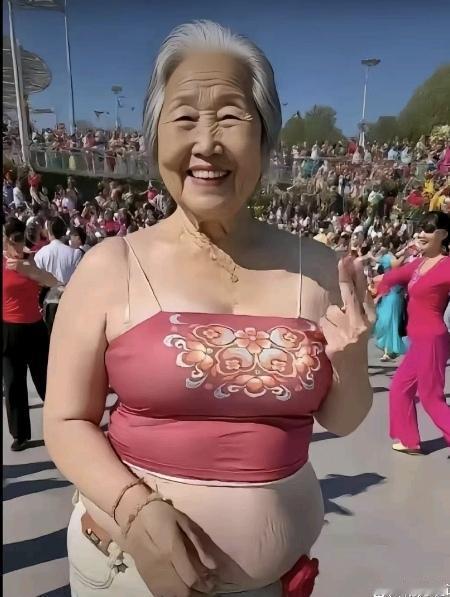 大妈穿吊带跳广场舞惹争议
 
大妈身着吊带紧身衣跳广场舞，穿搭新潮大胆，瞬间引发