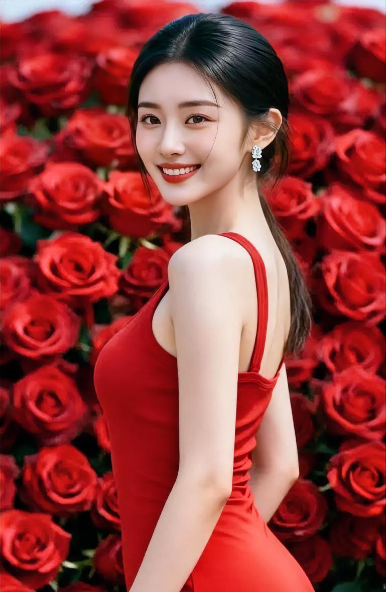 玫瑰私语

万朵红玫，燃透时光的墙，

你回眸，笑意比花更明亮。

红裙轻裹，肩