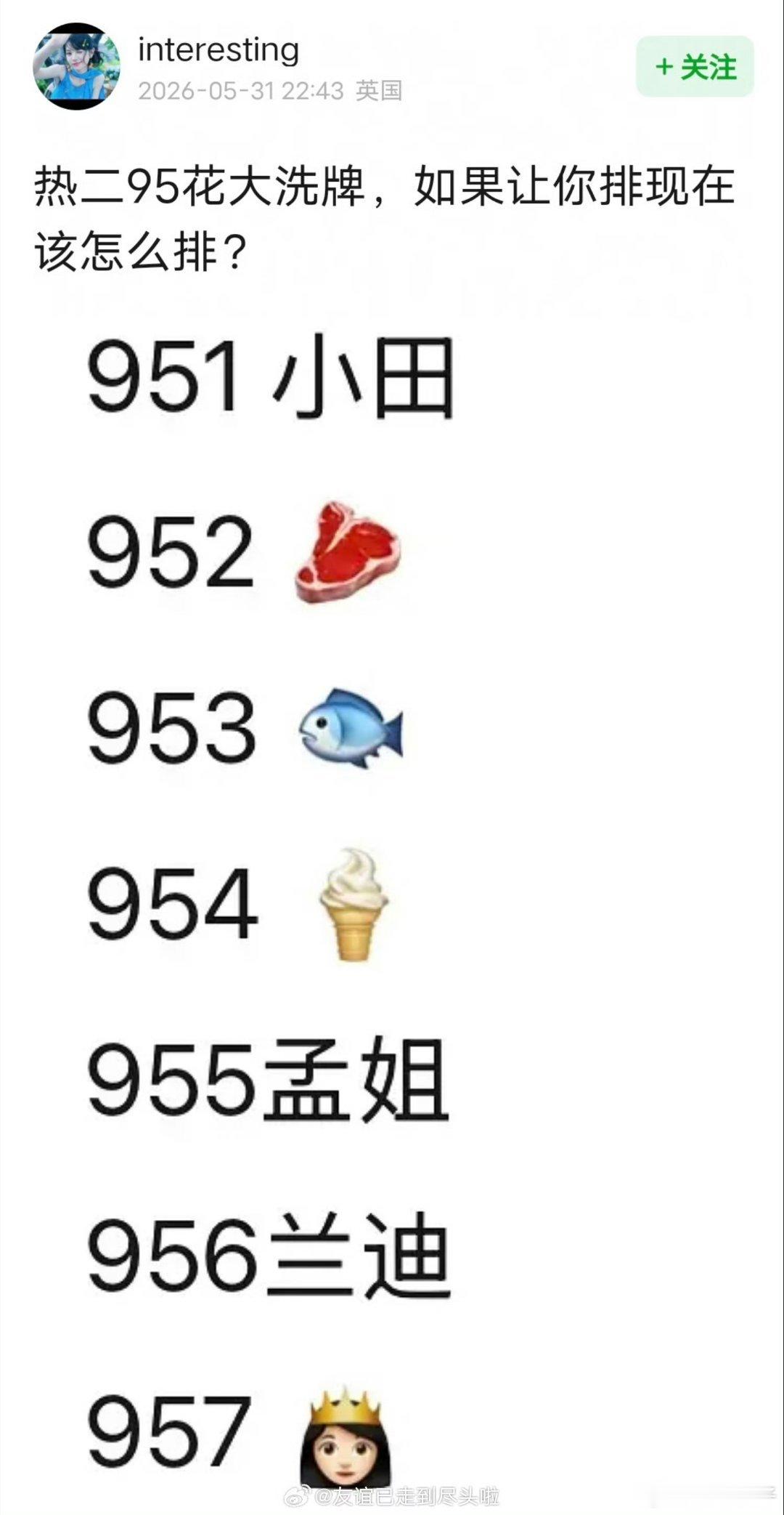 网友排的95花咖位表，认同吗？951田曦薇、952赵露思、953虞书欣954关晓