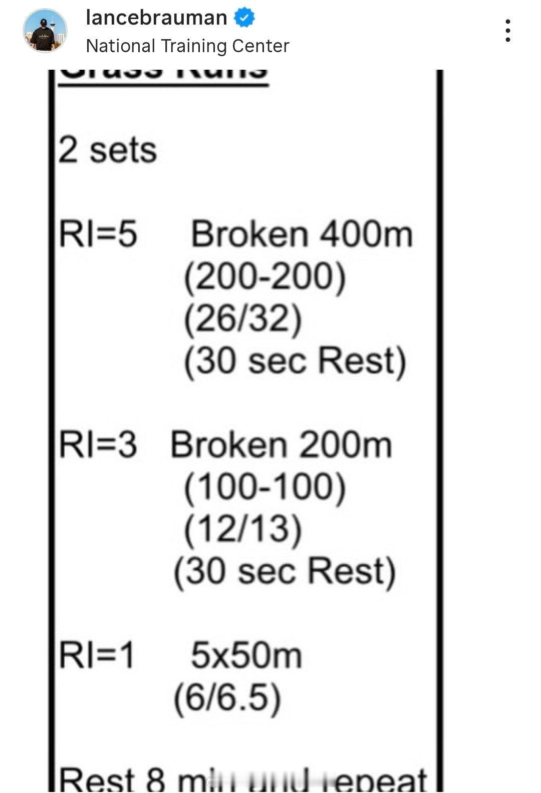 兰斯教练发了一个“圣诞节训练计划”200+200 26/32秒 30秒间歇5分钟