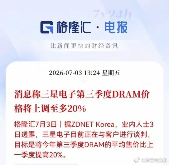 午后利好落地，三星电子表态给存储芯片持仓者吃下定心丸。13:24格隆汇消息，三星