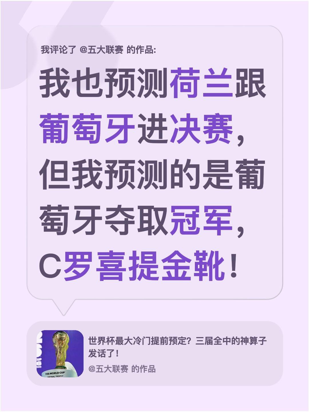 葡萄牙冠军……！我评论了@五大联赛 的作品：
我也预测荷兰跟葡萄牙进决赛，但我预