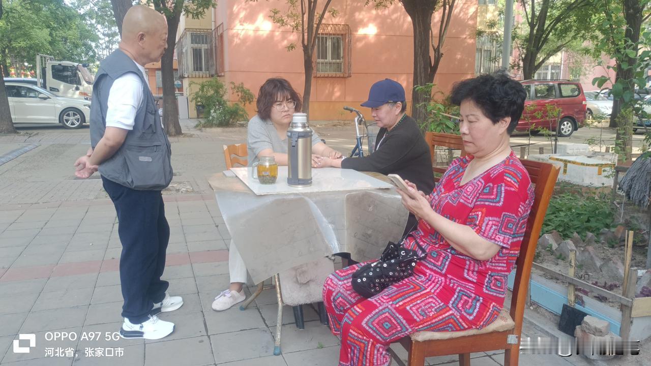 阳光透过树叶洒下来，给楼下的小桌子镀上了一层暖光。
一杯热茶，几位老邻居，还有一
