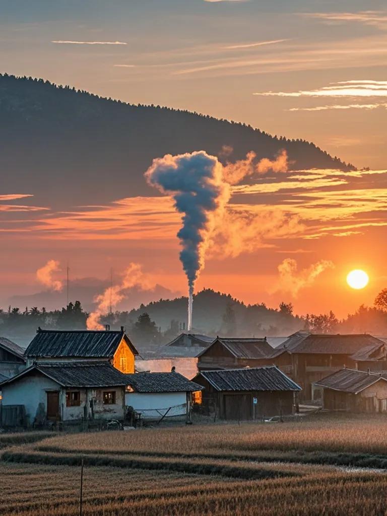 夕阳西下，村落里升起袅袅炊烟。那炊烟在夕阳的余晖中飘荡，仿佛是连接人间与仙境的纽