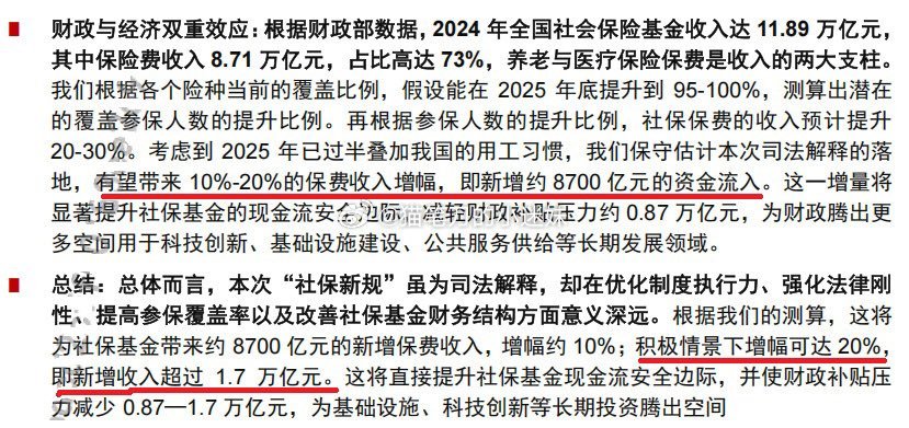 中信今天测算本次“社保新规”：将为全国社保基金新增8700亿资金流入，积极情景下