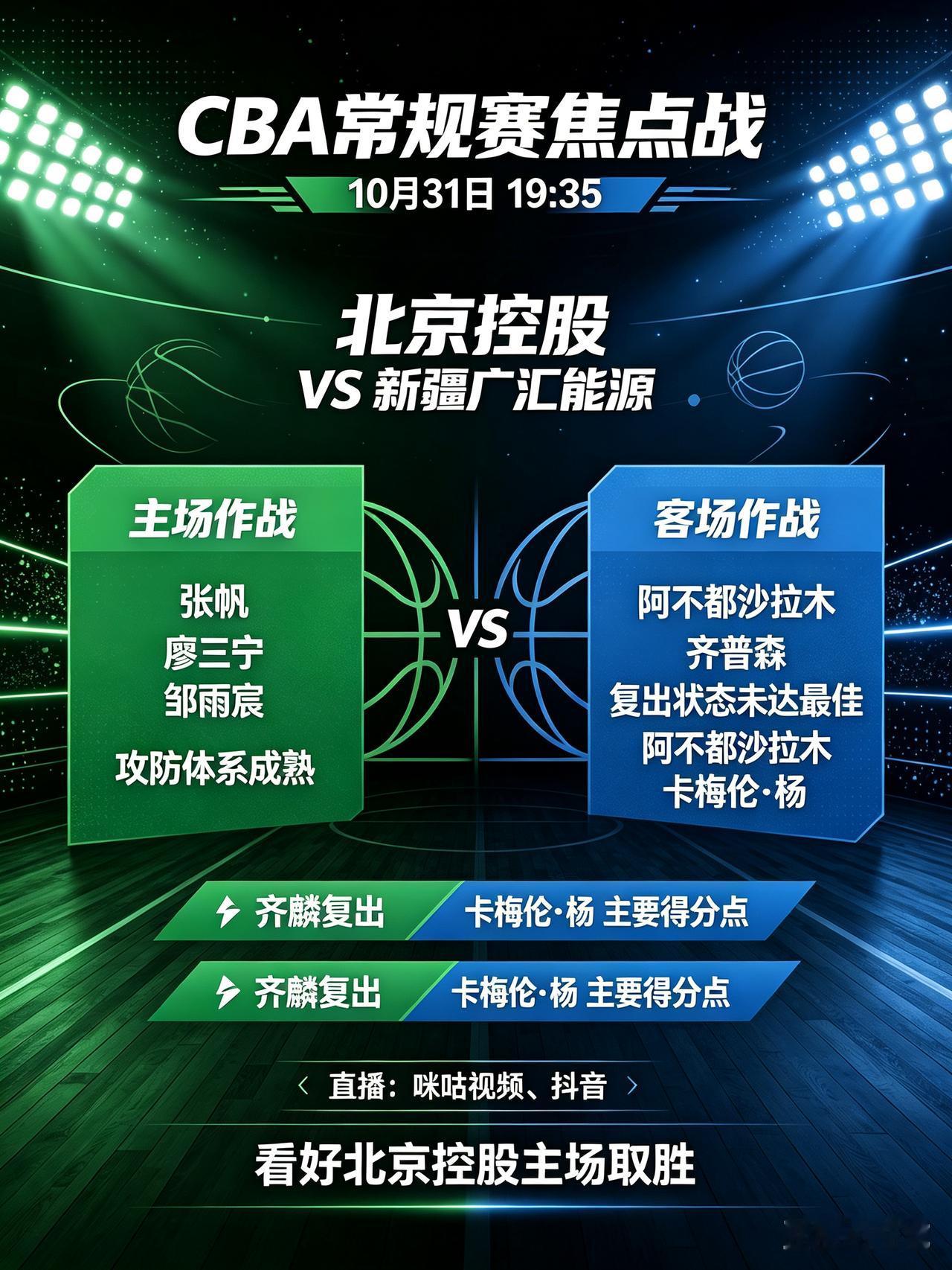 主场迎强敌！北京控股对阵新疆广汇能源！
    今天是10月31日，今晚19:3