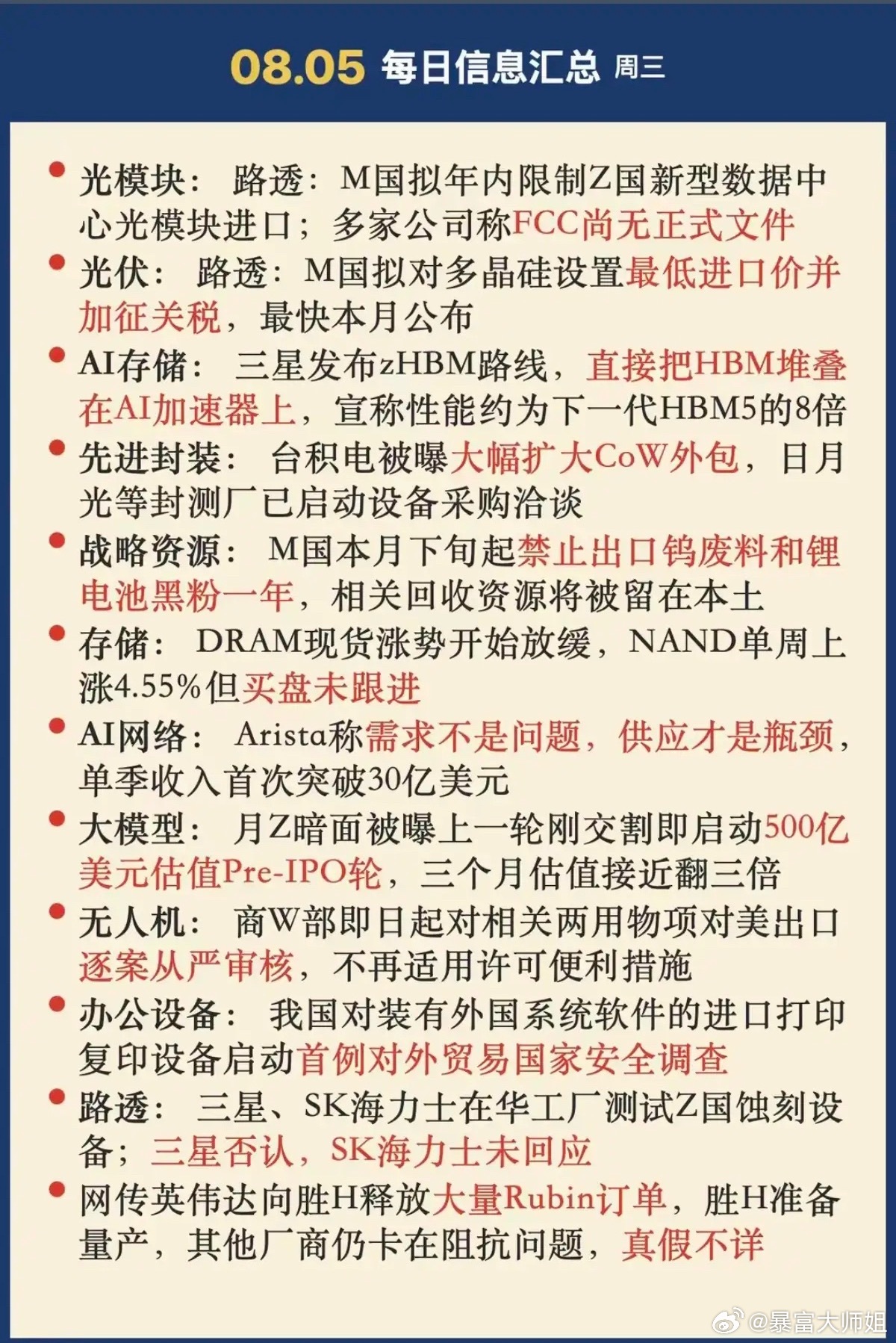8.05周三  晚间：财经热点信息参考！1.光模块2.光伏，多晶硅加征关税3.金