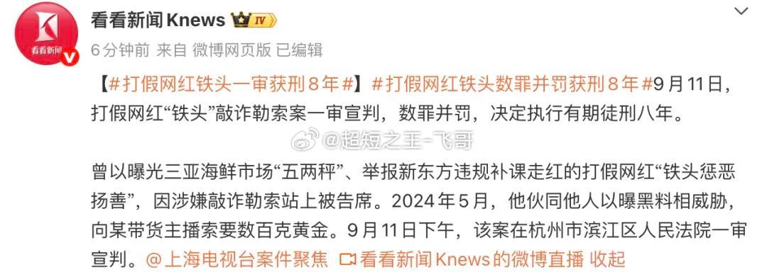 网红铁头敲诈勒索一审获刑8年9月11日，杭州滨江区人民法院一审宣判，网红“铁头惩