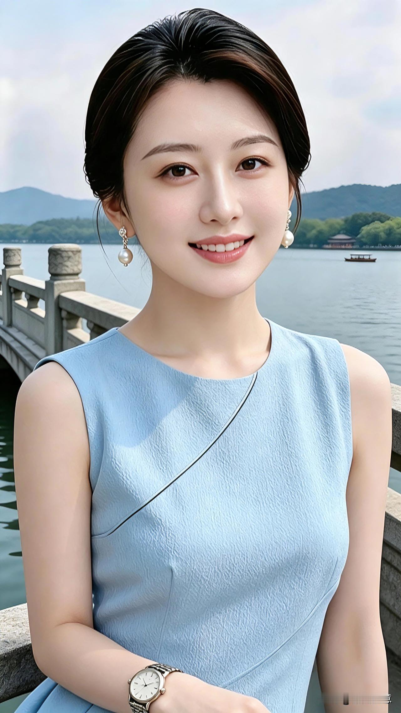 漫步湖畔，微风拂面。一身浅蓝无袖裙，简约大方。不必刻意装扮，自在舒展，就是最好的