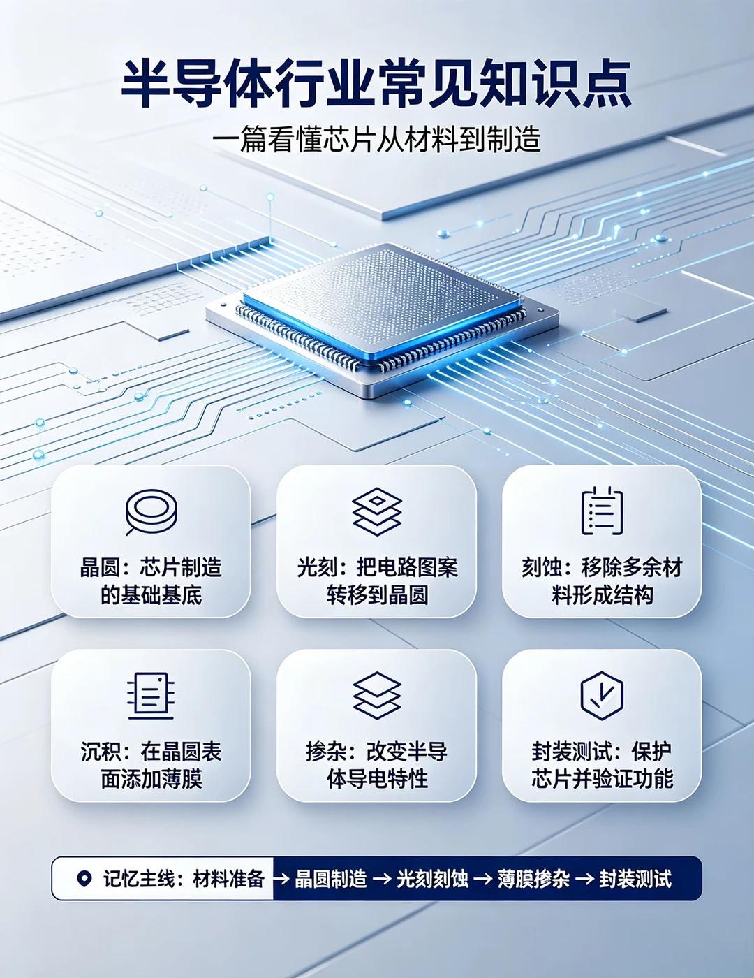 半导体6大核心知识点
很多人刚入行/想了解半导体，都会被各种专业名词绕晕！
整理