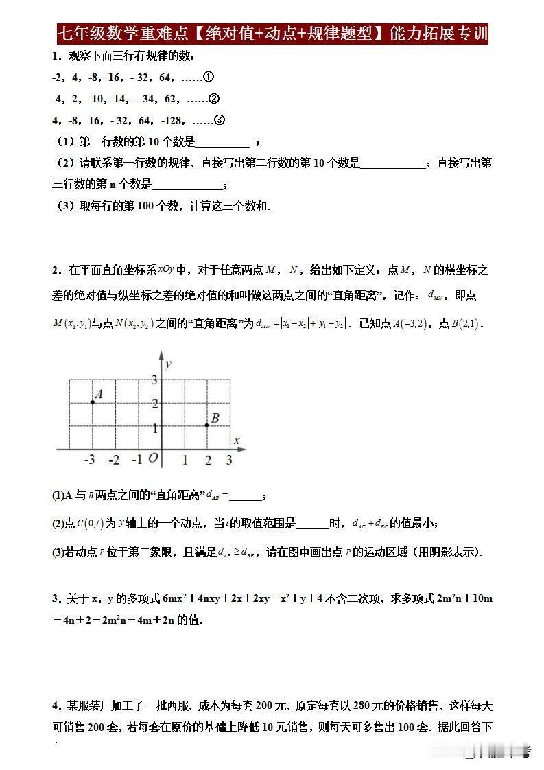 七年级数学提分秘籍！
  《绝对值》《动点》《数形规律》拓展专练，助你攻克压轴题