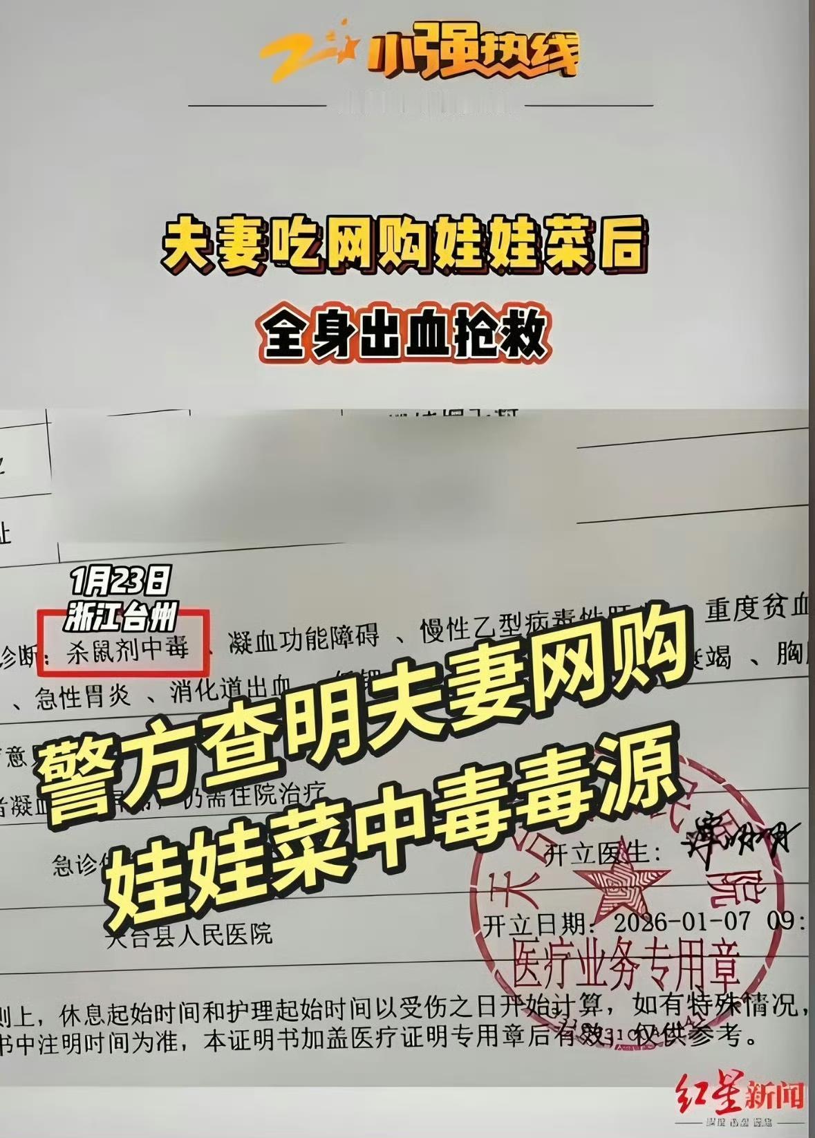 浙江台州出了件让人脊背发凉的事，夫妻俩吃了顿网购的娃娃菜，竟双双重度中毒进了IC